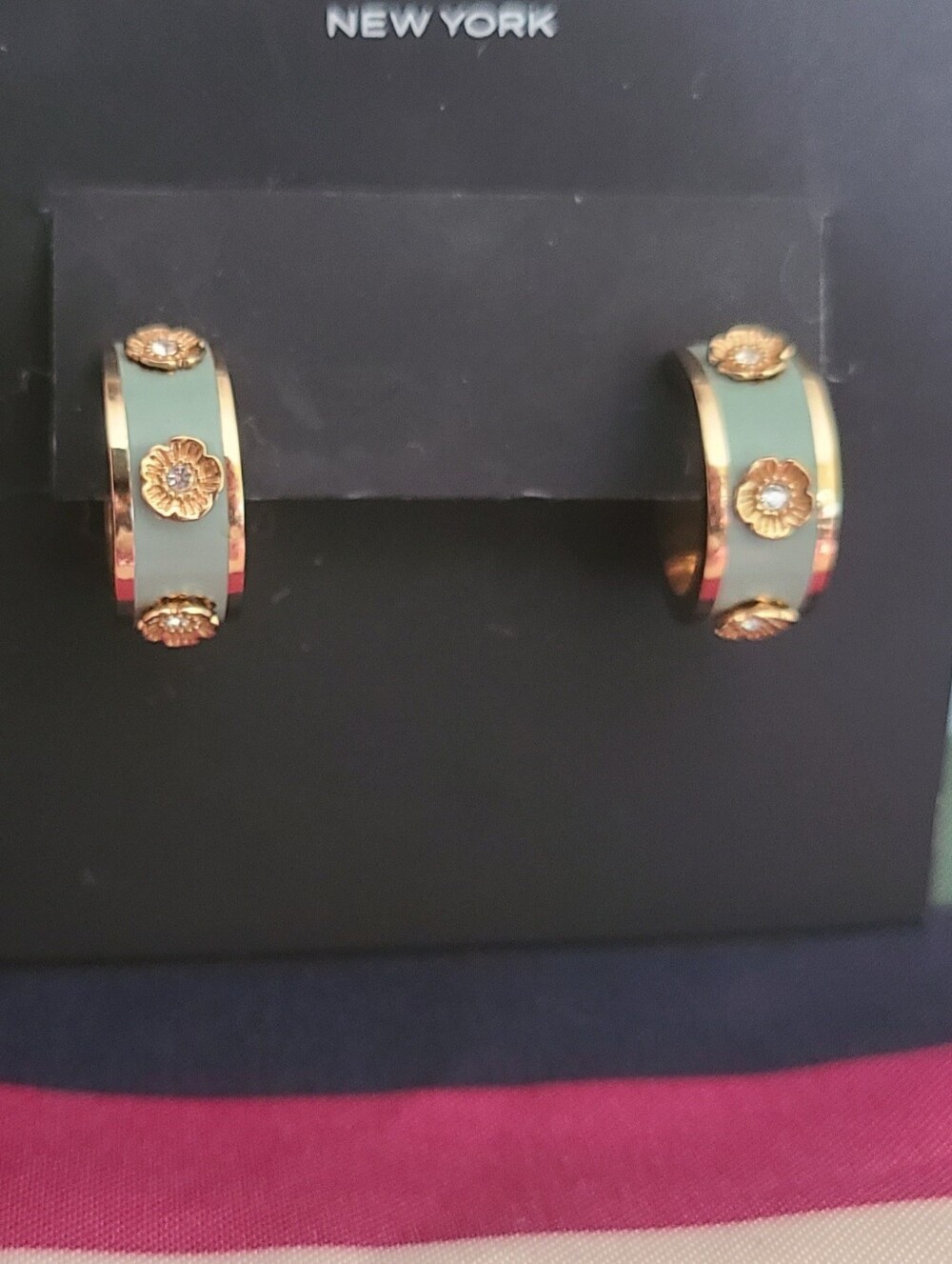 Coach Sage Green Enamel Hoop Earrings with Gold Tea Rose Accents - Picture 2 of 4
